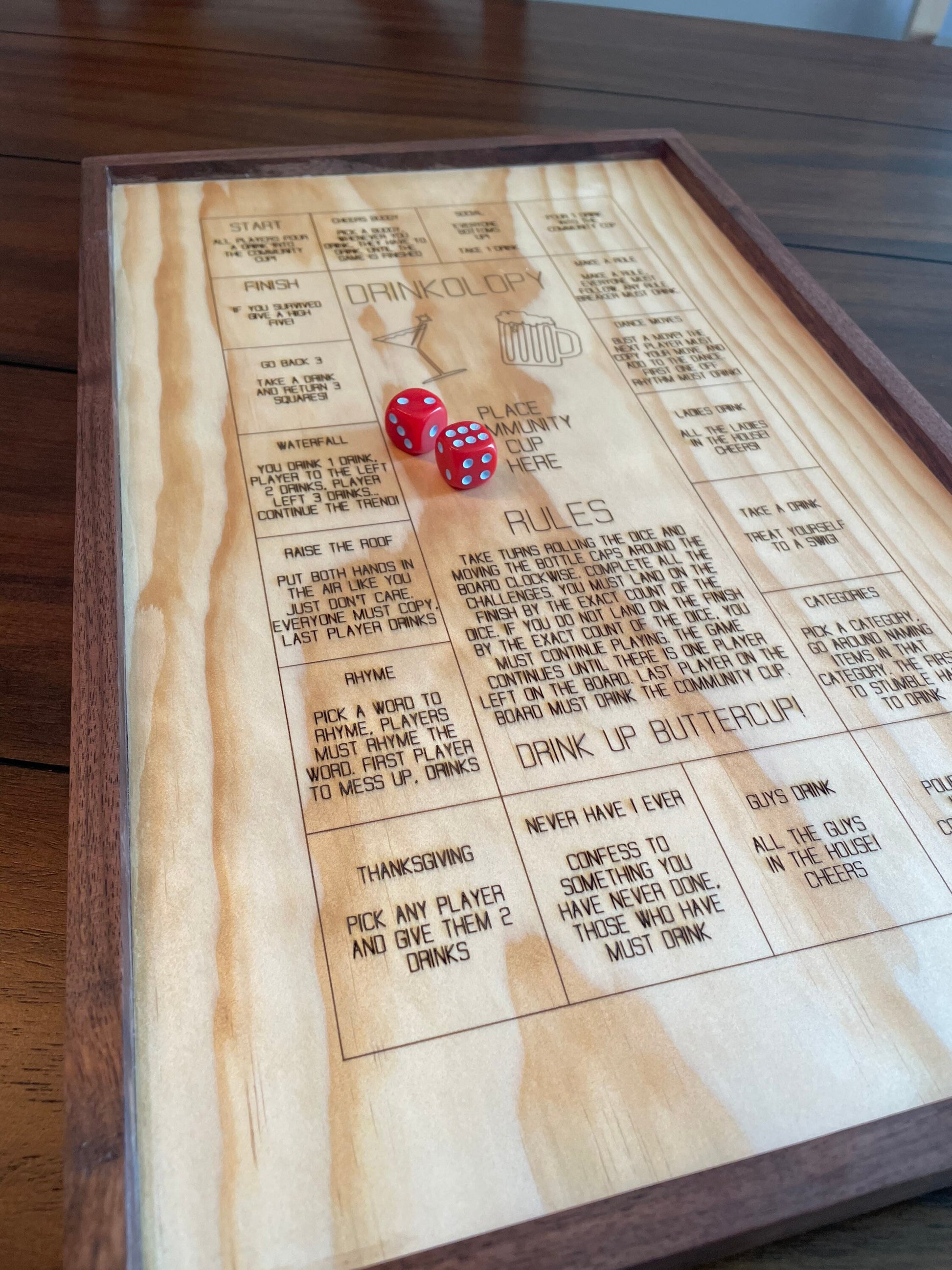 Walnut Framed Drinkopoly Dice Game