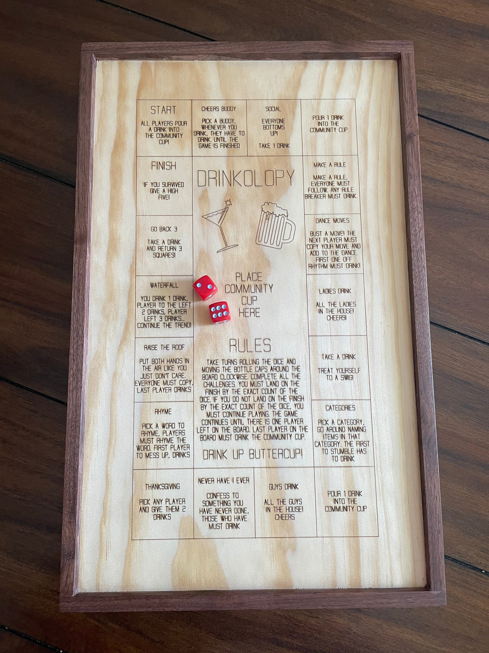 Walnut Framed Drinkopoly Dice Game
