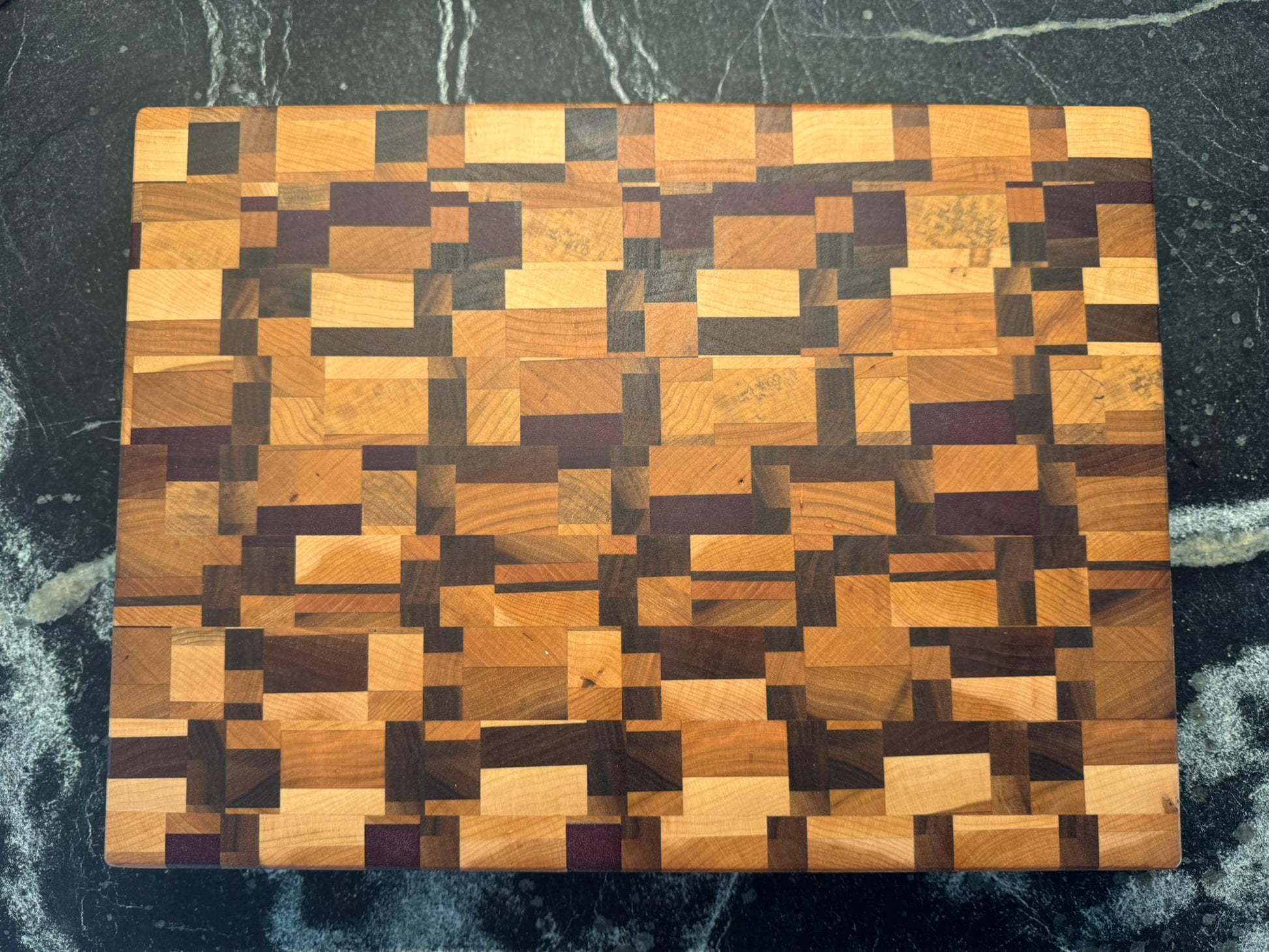Large Chaos End Grain Cutting Board – Walnut, Maple, Cherry & Purpleheart | Luxury Handmade Cutting Board with Brass Feet