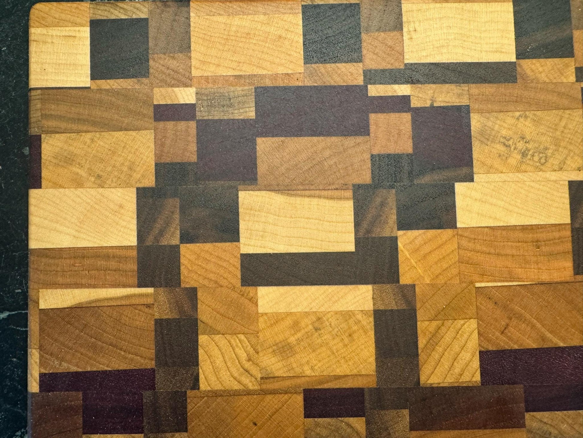Large Chaos End Grain Cutting Board – Walnut, Maple, Cherry & Purpleheart | Luxury Handmade Cutting Board with Brass Feet