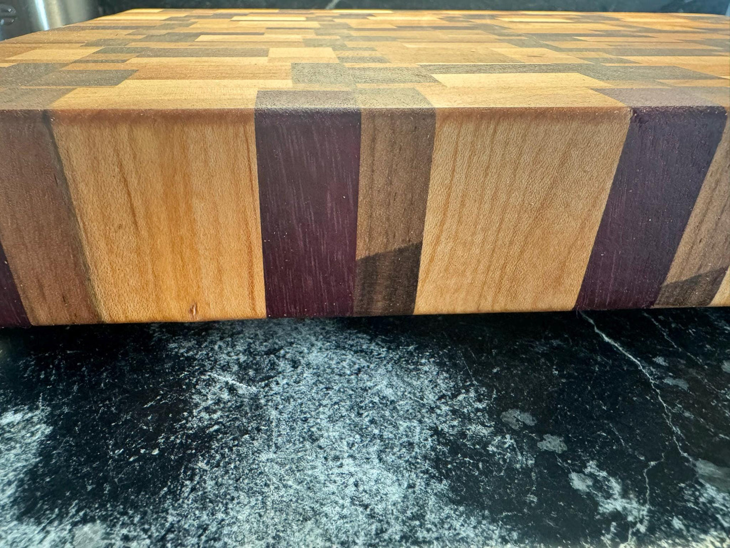 Large Chaos End Grain Cutting Board – Walnut, Maple, Cherry & Purpleheart | Luxury Handmade Cutting Board with Brass Feet