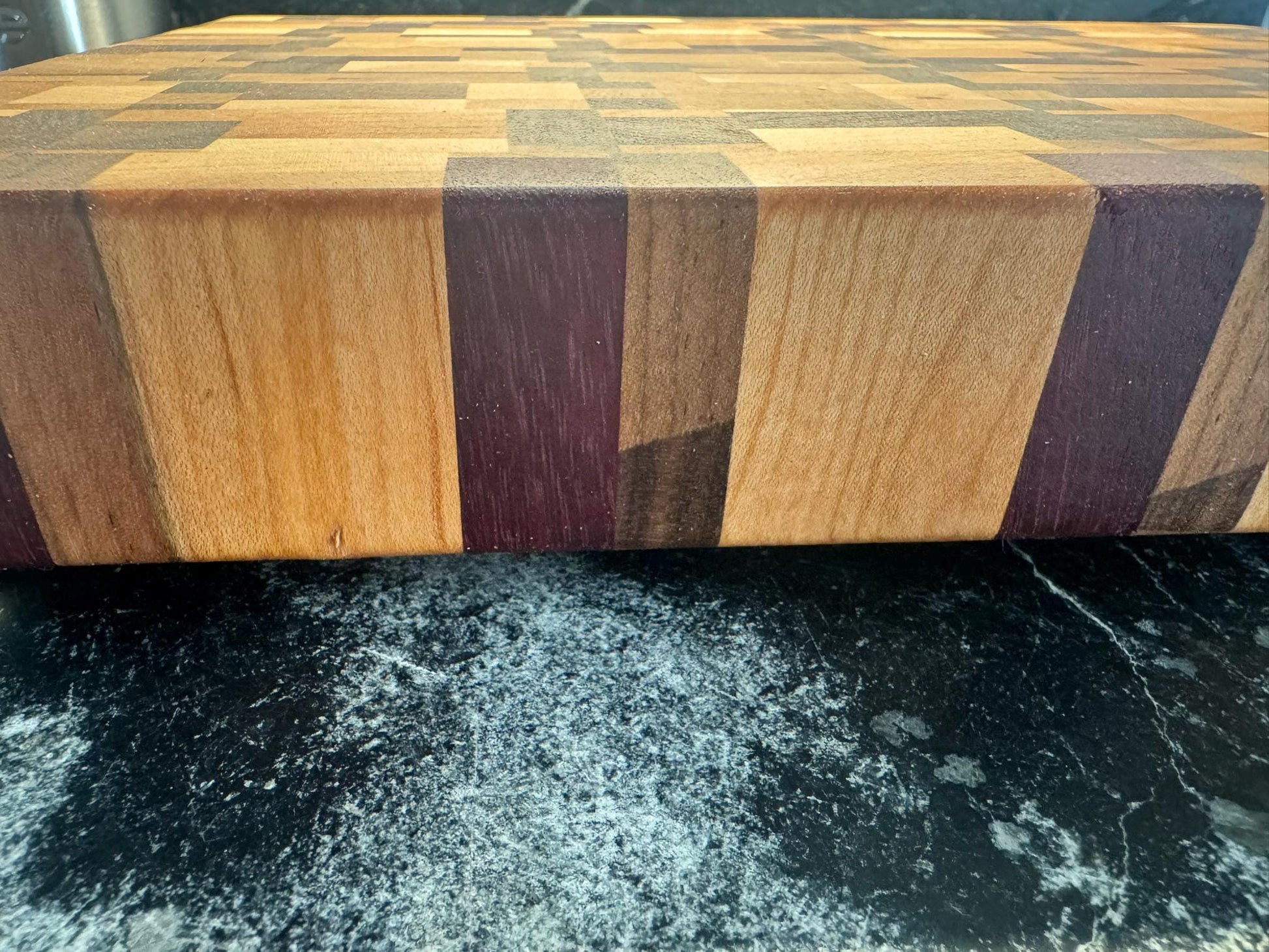 Large Chaos End Grain Cutting Board – Walnut, Maple, Cherry & Purpleheart | Luxury Handmade Cutting Board with Brass Feet