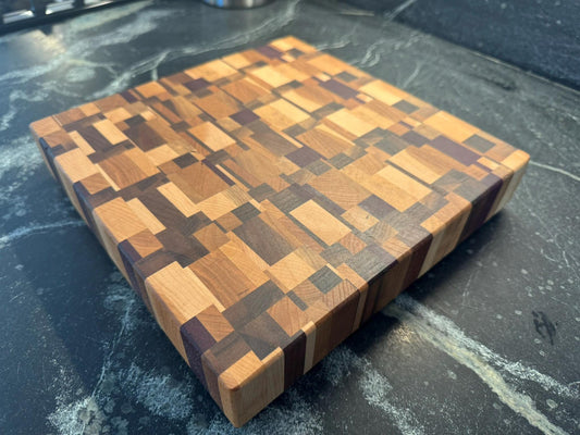Medium Chaos End Grain Cutting Board – Walnut, Maple, Cherry & Purpleheart | Handmade Butcher Block | Unique Gift for Chefs