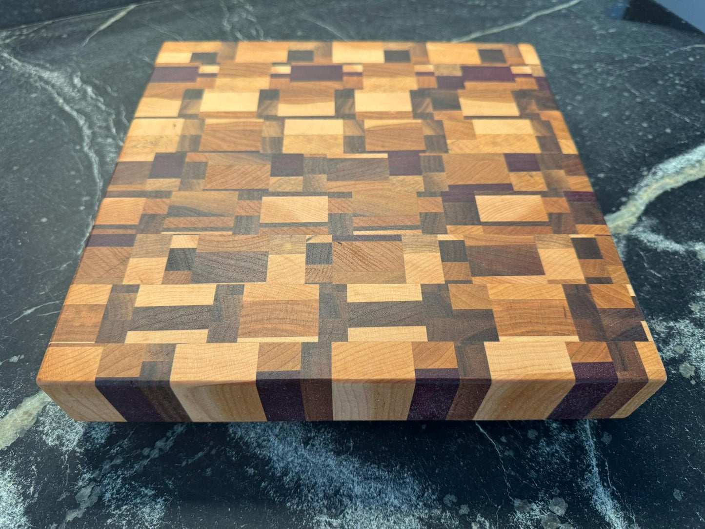Medium Chaos End Grain Cutting Board – Walnut, Maple, Cherry & Purpleheart | Handmade Butcher Block | Unique Gift for Chefs