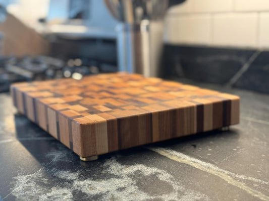 Large Chaos End Grain Cutting Board – Walnut, Maple, Cherry & Purpleheart | Luxury Handmade Cutting Board with Brass Feet