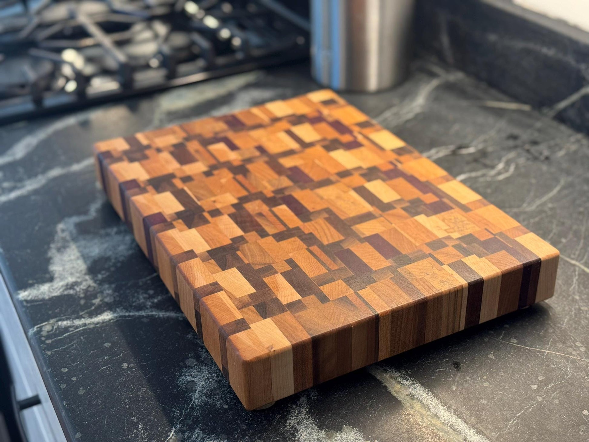 Large Chaos End Grain Cutting Board – Walnut, Maple, Cherry & Purpleheart | Luxury Handmade Cutting Board with Brass Feet
