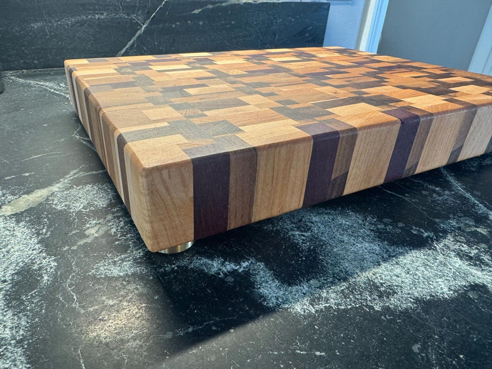 Large Chaos End Grain Cutting Board – Walnut, Maple, Cherry & Purpleheart | Luxury Handmade Cutting Board with Brass Feet