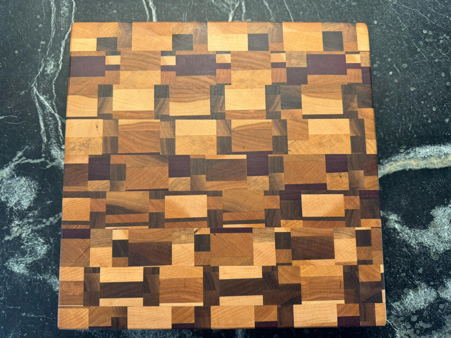 Medium Chaos End Grain Cutting Board – Walnut, Maple, Cherry & Purpleheart | Handmade Butcher Block | Unique Gift for Chefs